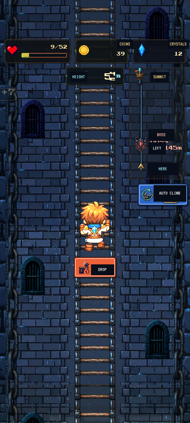 Hero climbing a pixel-art tower in Climb & Jump: Princess Tower